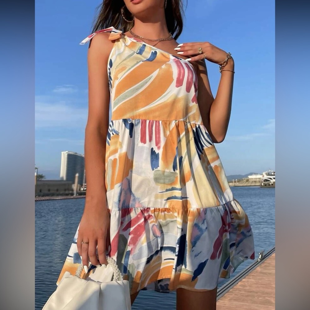 Boho one shoulder watercolor print ruffle hem dress - Picture 6 of 7